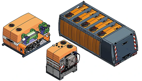 Die Abbildung zeigt eine technische Zeichnung von Tanksystemen. Sie sind mit mechanischen Komponenten ausgestattet.