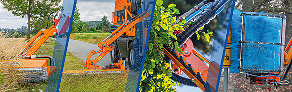 Fotocollage von Großmaschinen für den kommunalen Grasschnitt - Mähgeräte, Heckenschneider