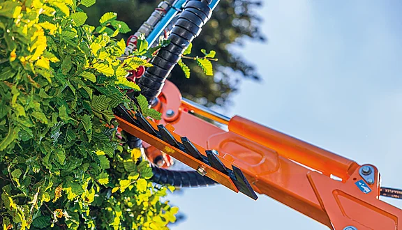 Ein orangefarbener Astschneider greift in ein dichtes grünes Gestrüpp. Die Klingen des Geräts sind sichtbar und zeigen, dass es zum Schneiden von Pflanzen verwendet wird. Der Hintergrund zeigt freies Licht und einen klaren Himmel.