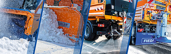 Fotocollage von Großmaschinen für den kommunalen Winterdienst - Räumschilder, Solesprüher