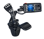 Das Bild zeigt das Fiedler-FMC mit Joystick mit einem Display. Der Proportional-Joystick ist zum Steuern von Maschinen oder Fahrzeugen ausgelegt, während das Display Informationen anzeigt und Einstellungen bietet.